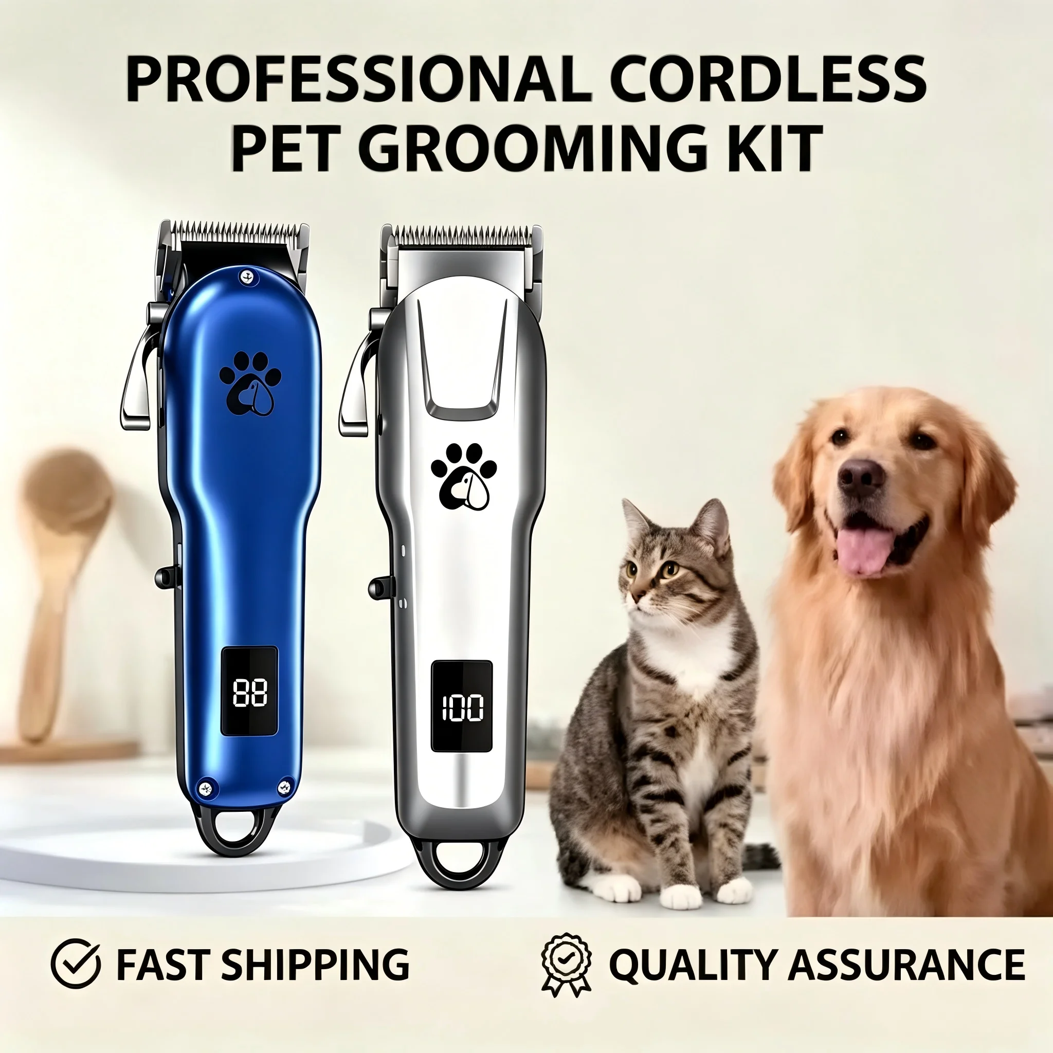 Pet Dog Cat Hair Clipper Grooming Kit USB Rechargeable Cordless Electric Trimmer LCD Display Ultra‑Quiet Low Noise for Pets