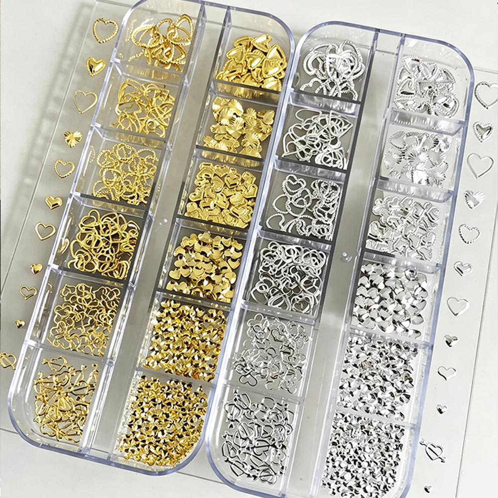 1Box Gold Silver Mini Love Heart Nail Charm 3D Hollowed-out Heart Metal Rivet Nail Art Rhinestone DIY Manicure Decoration