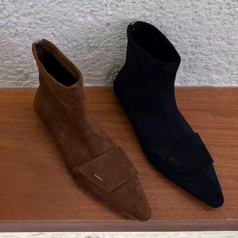 

Женские ботильоны на плоской подошве, замшевая модная обувь с острым носком, пикантные роскошные зимние короткие ботинки Botas 2025 New Casual Dress Mujer, зимние ботинки