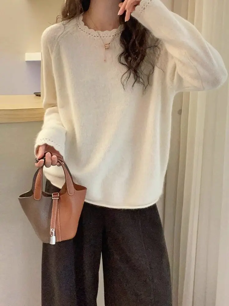 Lace Trim round Ne Knitwear Women's Loose Casual Sle Autumn Winter Faionable Slimming Versatile Top for Younger Look