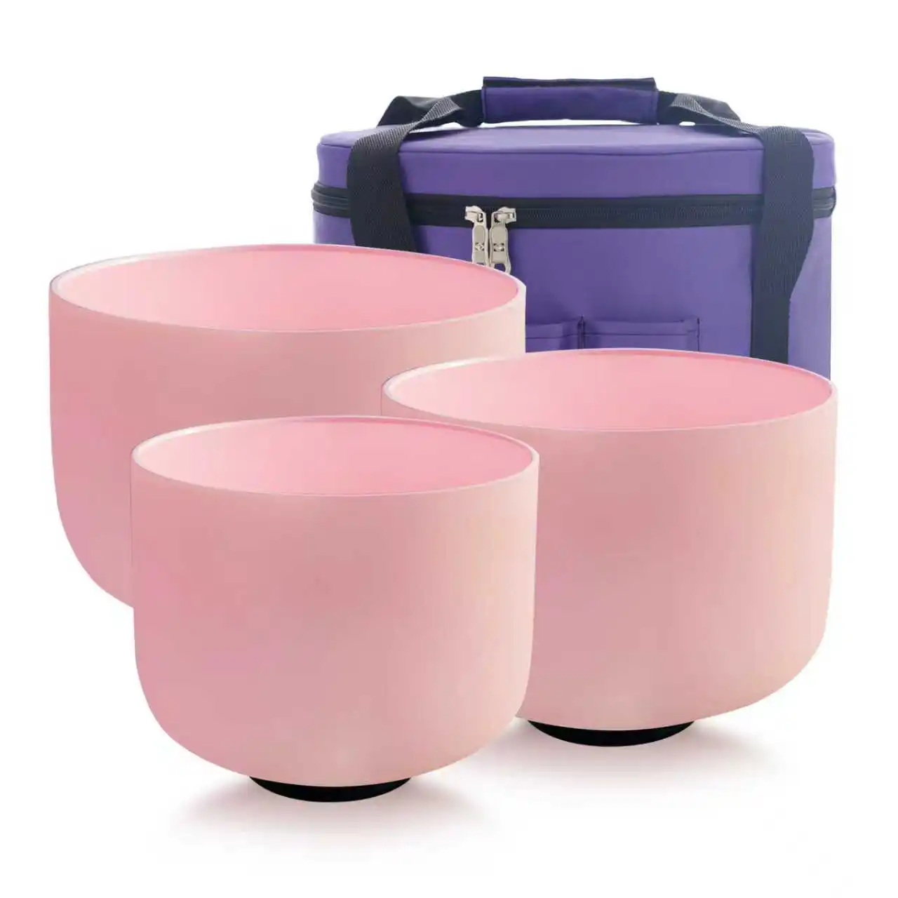 Juego de 3 cuencos tibetanos de Color rosa, 8 "G 10" E 12 "C, cuenco tibetano de cristal curativo con sonido de cuarzo esmerilado Chakra con estuche de viaje y transporte