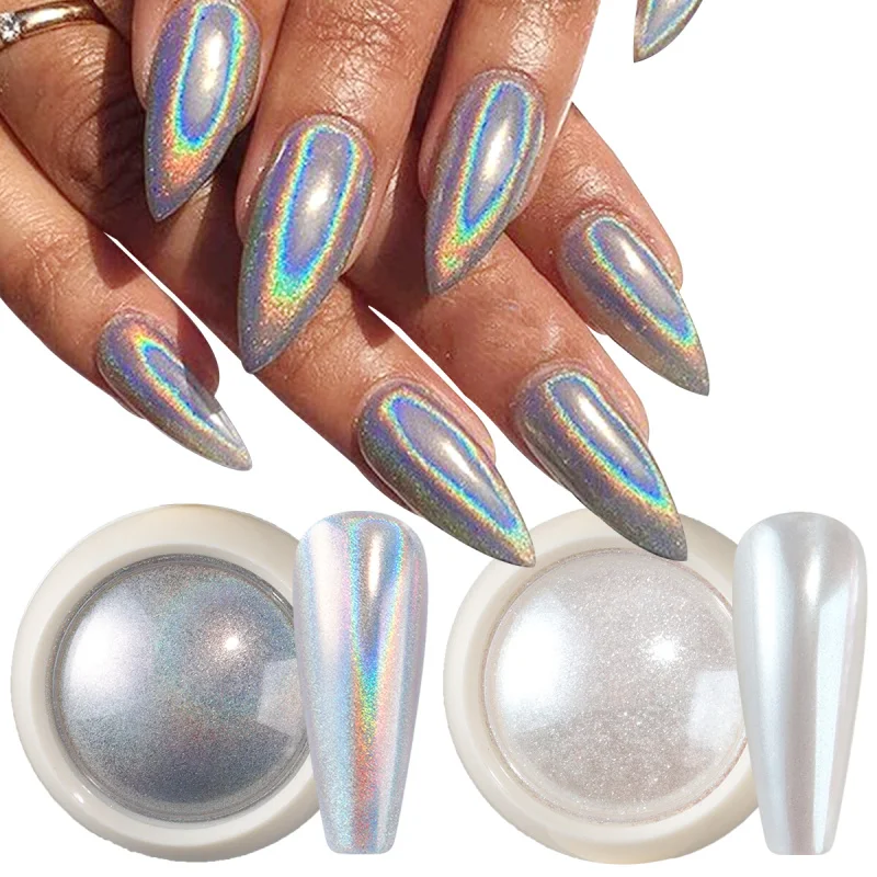 Poudre holographique chromée pour ongles, 2 boîtes, blanc perle, arc-en-ciel, Laser, paillettes, Pigment, miroir au clair de lune, poussière pour Nail Art, décorations DIY