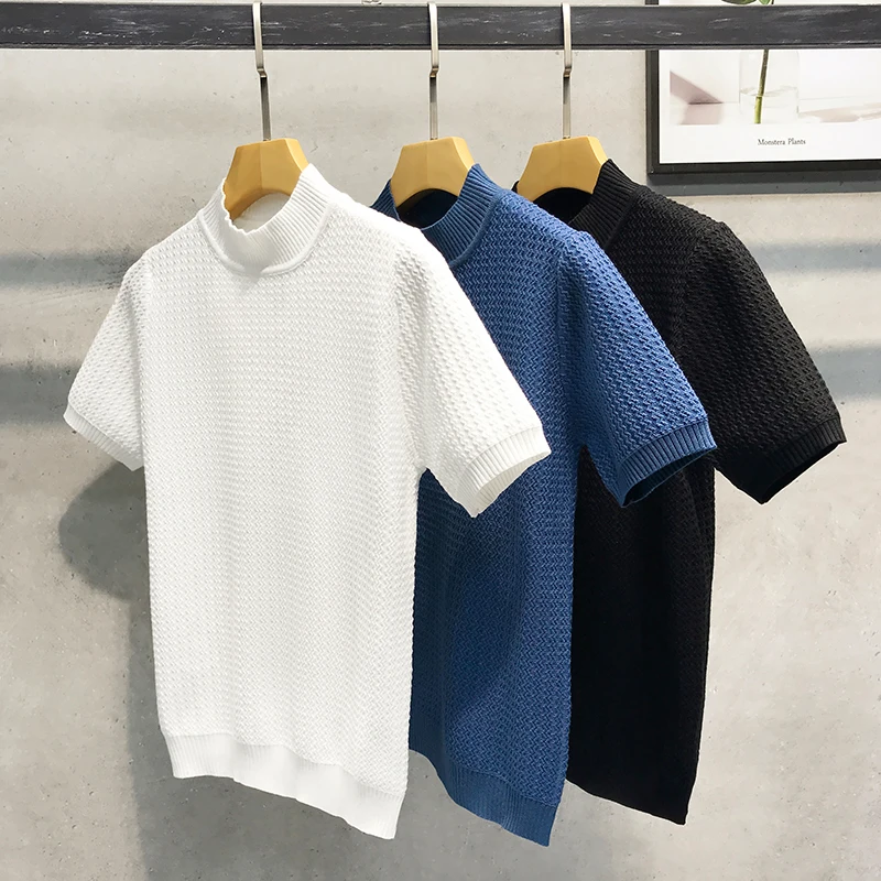 

Men's ort Sve Knitted irt f High Collar Color Casual Pullover Base irt Trendy Top Loose Fit Youth ular