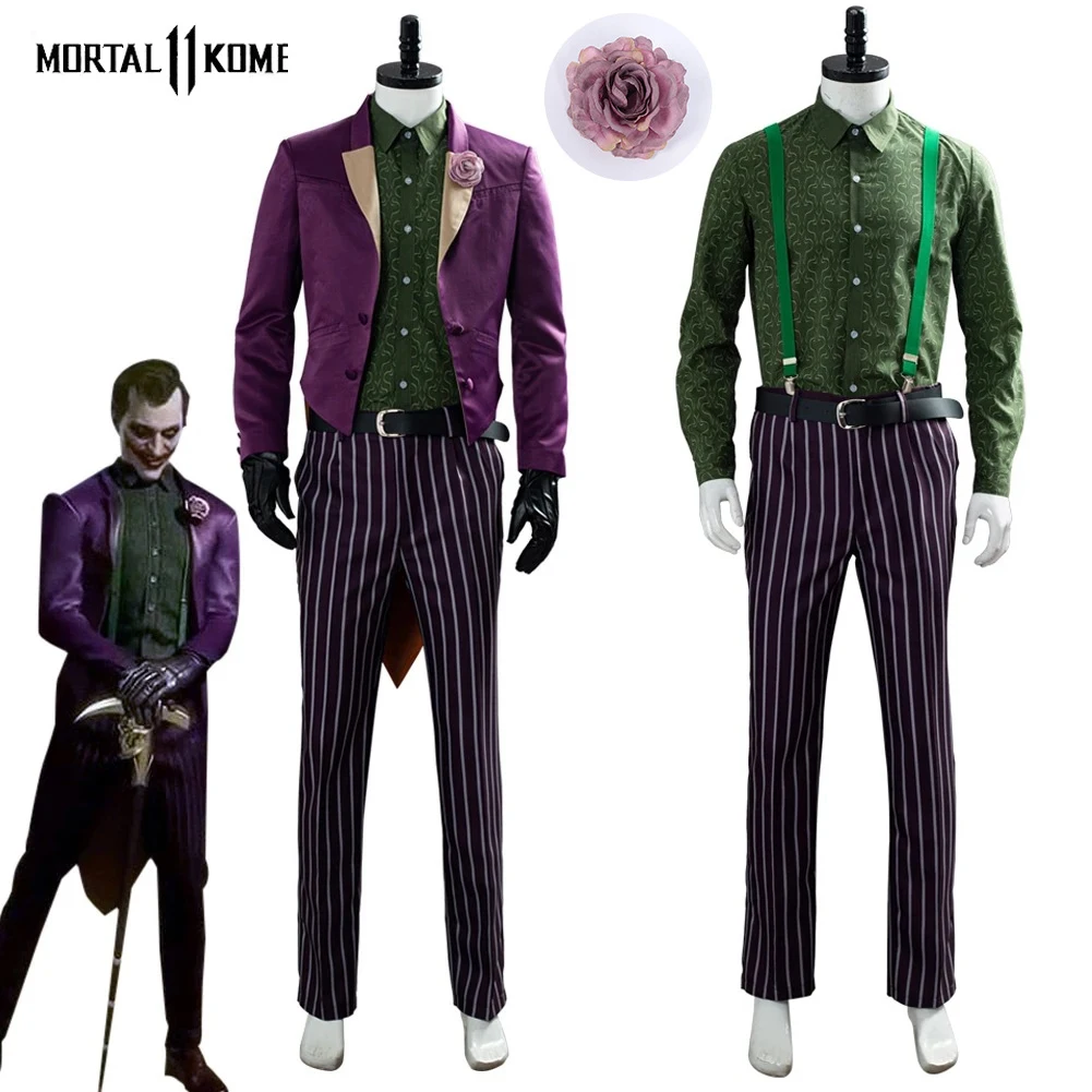 Аниме Джокер Косплей Mortal Kombat 11 Костюм клоуна Purpel Костюм комплект в полоску Брюки Пояс Хэллоуин Карнавальные костюмы Взрослые мужчины