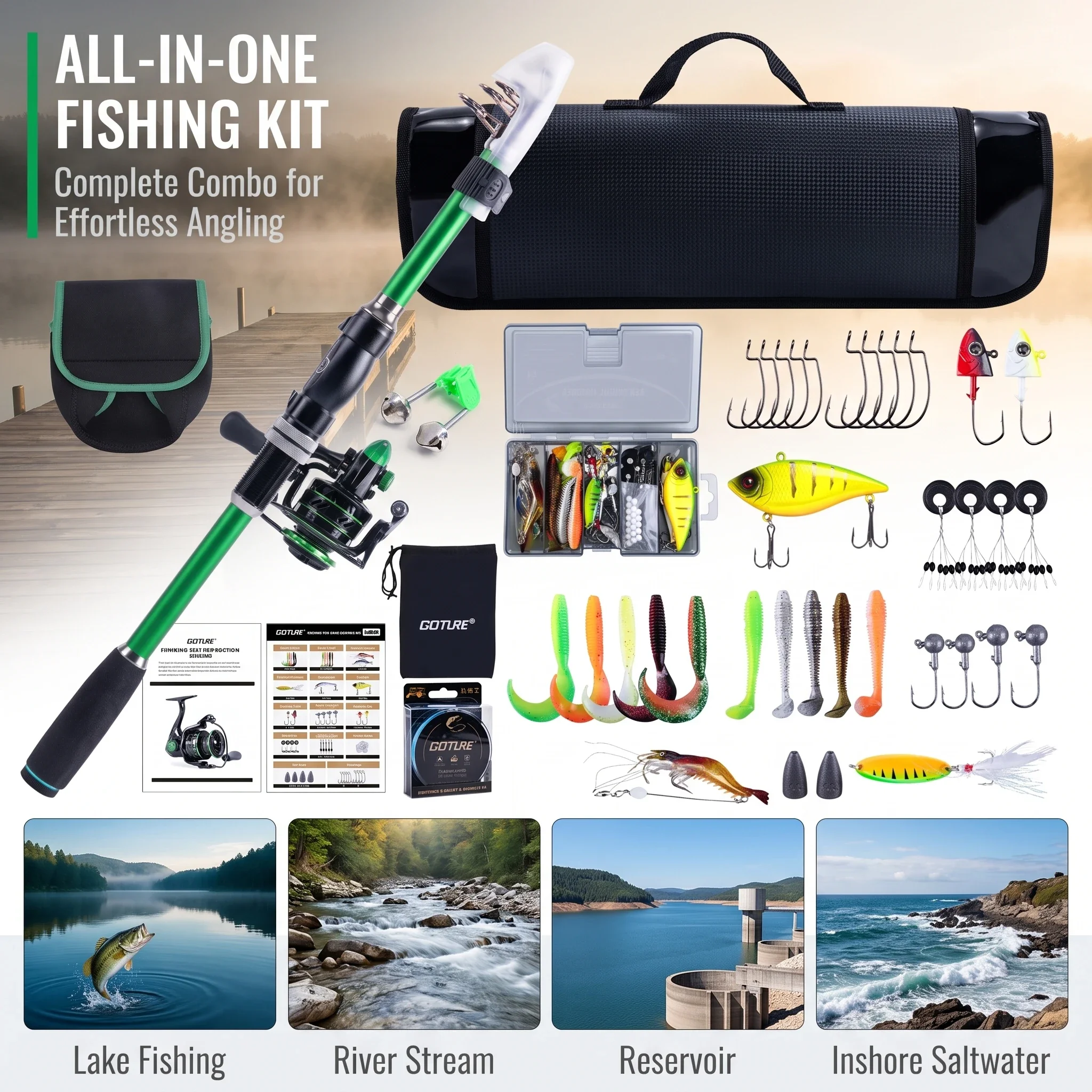 Telescopic Carbon Fishing Rod Spinning Reel Combo Full Kit, 1.8-2.7M Pole 66pcs Lures Hooks Tools Tackle Bag Fishing Gear