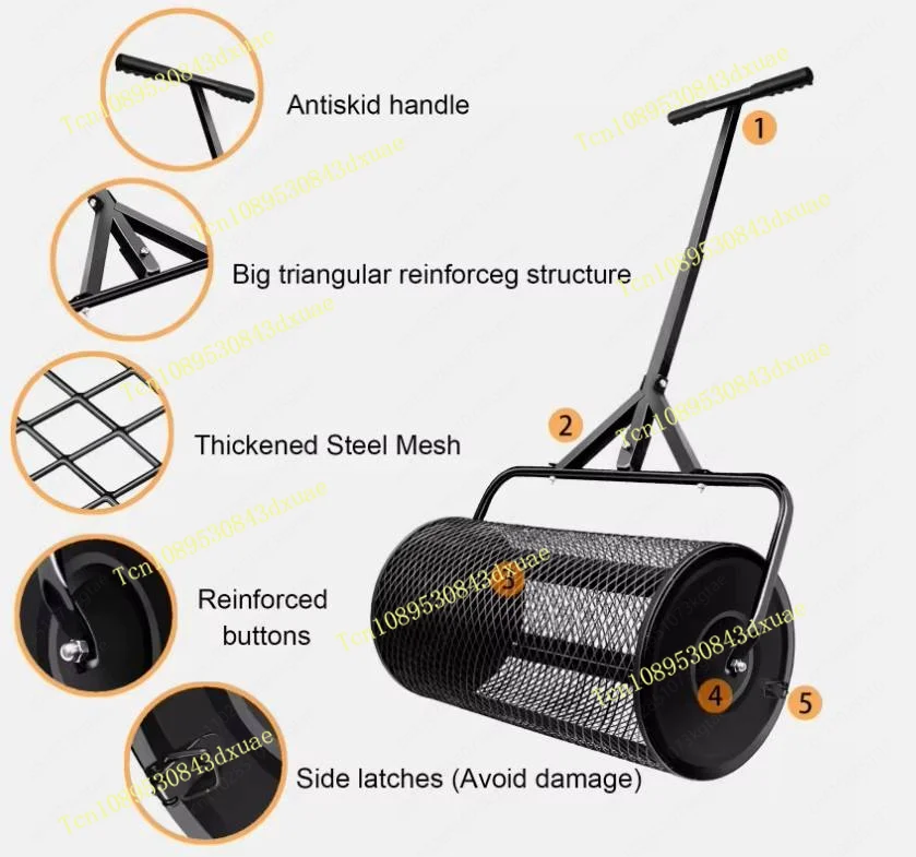 Manual metal compost flipper and spreader Roller lawn spreader with T-handle, durable metal mesh