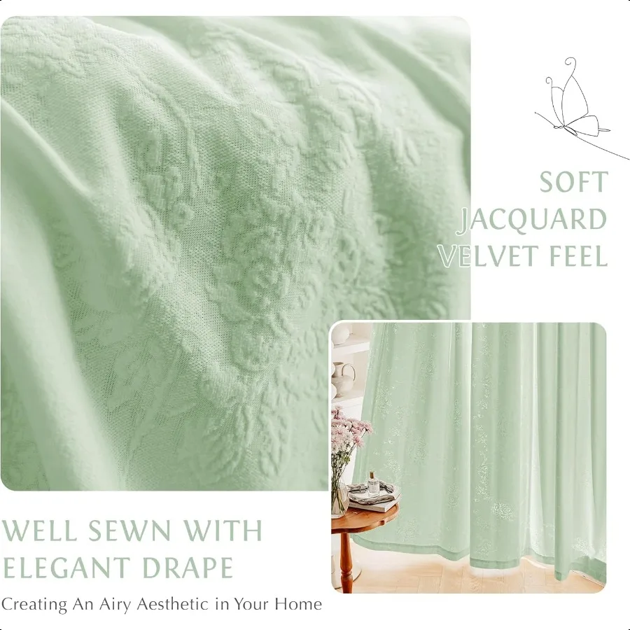 Green Floral Jacquard Sheer Curtains 84 Inches Long 2 Panels for Living Room Bedroom Semi Lace Flower Privacy Light Filtering N