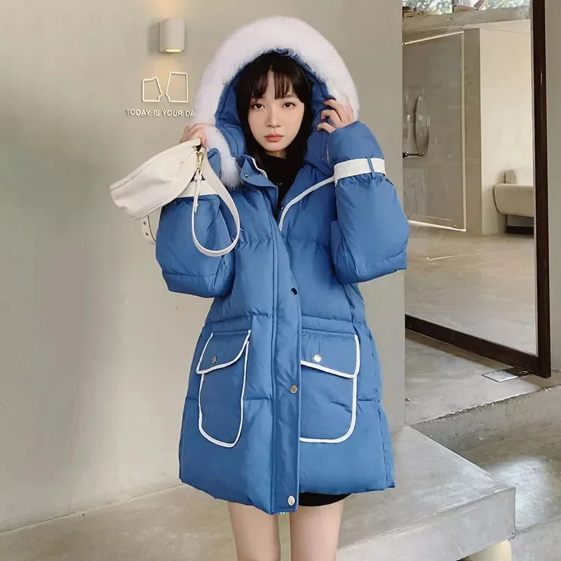 New Winter Women Long Down Cotton Jacket 2023 Fashion Casual Thicken Straight Coat Fur Collar Slim Elegant Warm Female Overcoat