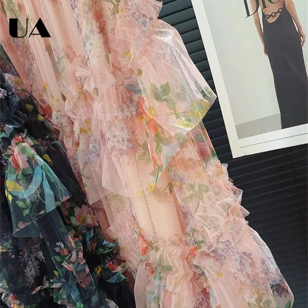 Gonna a rete stampata con giunture Gonne a sbuffo alla moda da donna, gonna floreale alla moda lunga a linea libera per un abbigliamento quotidiano casual