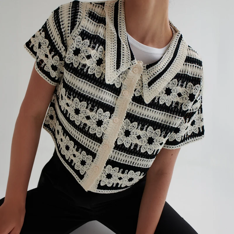 

Женская рубашка крючком с цветочным принтом, с коротким рукавом, воротником на пуговицах, ажурная вязаная блузка, топ в стиле бохо, пляжная накидка для отдыха, летняя одежда