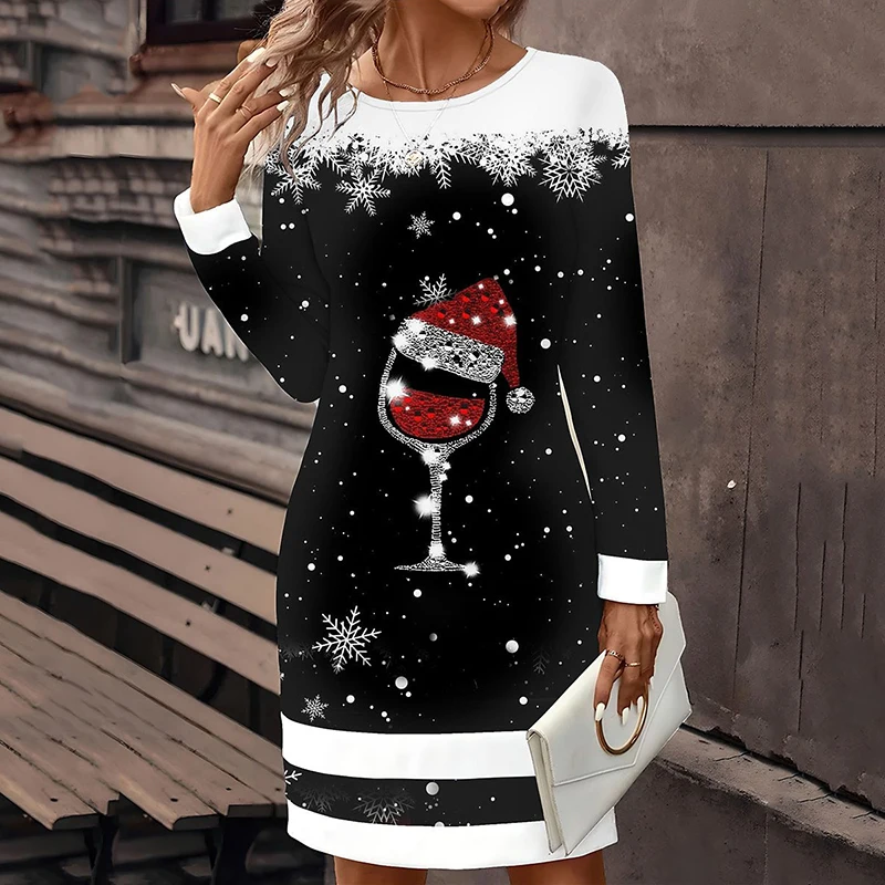 عيد الميلاد ندفة الثلج حزب فساتين صغيرة النساء أزياء عيد الميلاد النبيذ الزجاج فستان بكم طويل الشتاء السنة الجديدة السيدات فضفاض ألف خط اللباس