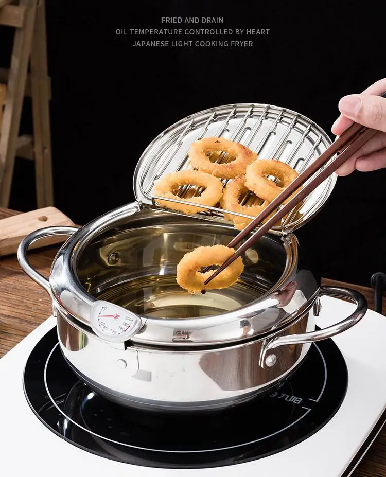 YUEDISI Japanese Style 304 Stainless Steel Kitchen Tempura Fryer Pan Deep Frying Pot with Thermometer for Induction Cooker