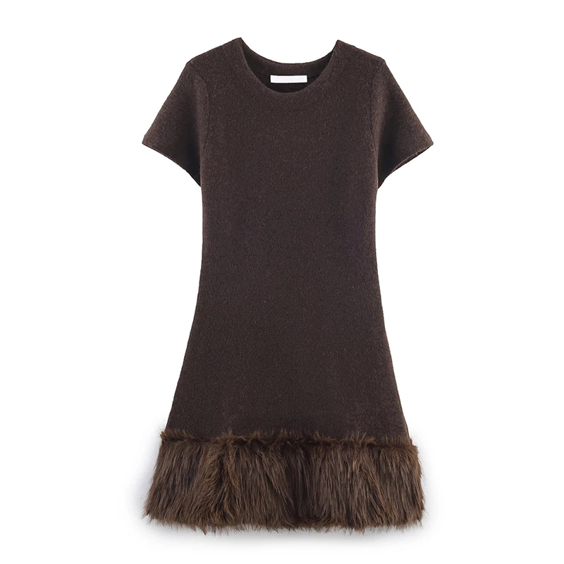 

YENKYE New Women Autumn Winter Faux Fur Trim Knit Dress O Neck Short Sleeve A-line Mini Dresses Female Vestidos
