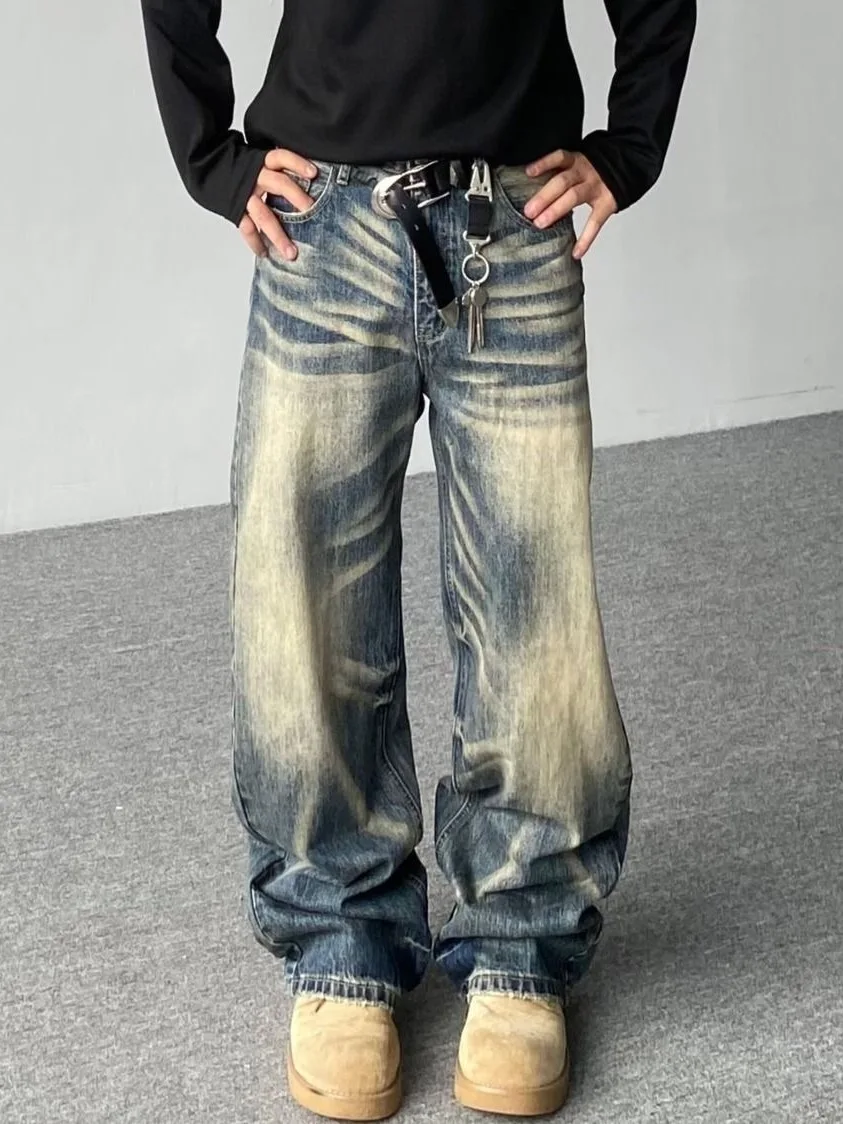 

American High Street Vibe Men's Retro Distressed Straight Leg Jeans Loose Fit Casual Long Pants Water Washed Jeans