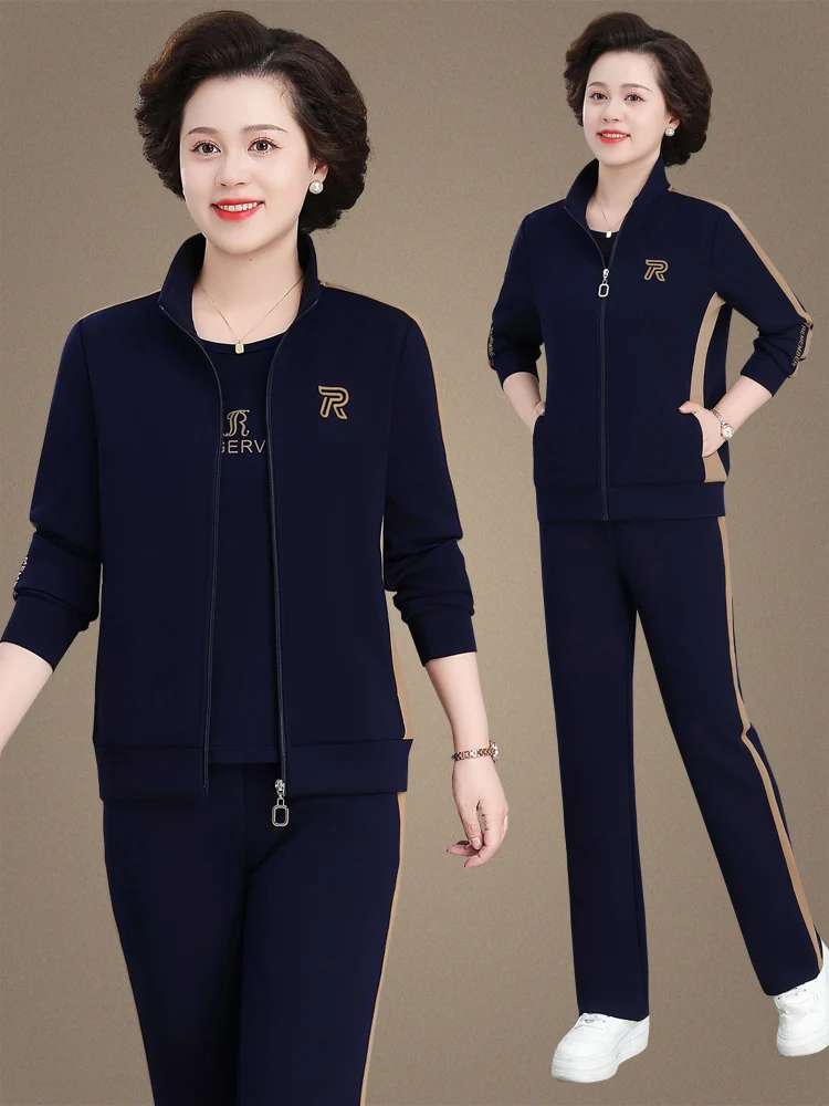 

Весенне-осенний повседневный спортивный костюм для женщин: комплект из футболки и свободного свитшота большого размера, хлопково-полиэстеровая ткань, длинные брюки