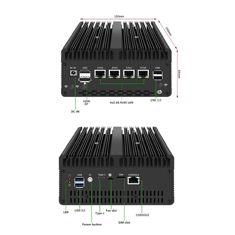 جهاز كمبيوتر صغير بدون مروحة 4x2.5G LAN + 4x1G SFP Intel i7 13620H i5 13420H 8505U 2 * DDR5 NVMe جهاز توجيه الكمبيوتر الصناعي PfSense