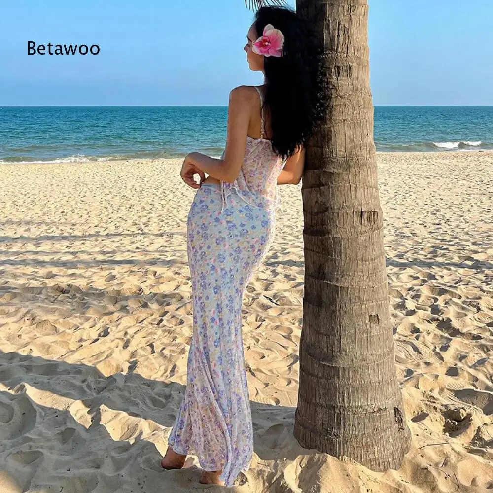 Floral Print Twist Front Dress, Women Spaghetti Strap Mermaid Bodycon Maxi