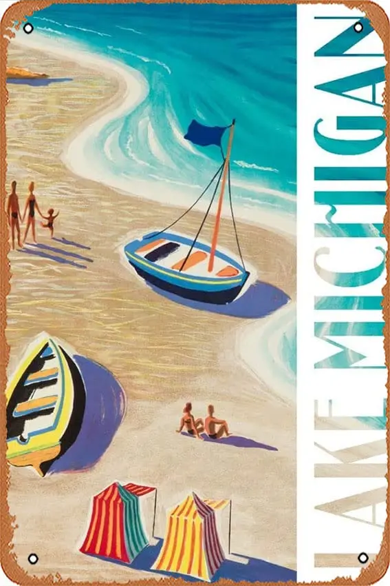 Tin Sign Vintage Lake Michigan,Vintage Beach Scene 100499 Bar Club Family Bathroom Toilet Cafe Funny Wall Decoration Gift Metal