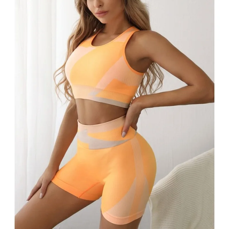 

Бесшовные спортивные короткие комплекты Krisnanas, женский спортивный костюм, 4 цвета, комплекты из 2 предметов, майки + узкие шорты, женская одежда для фитнеса 85099