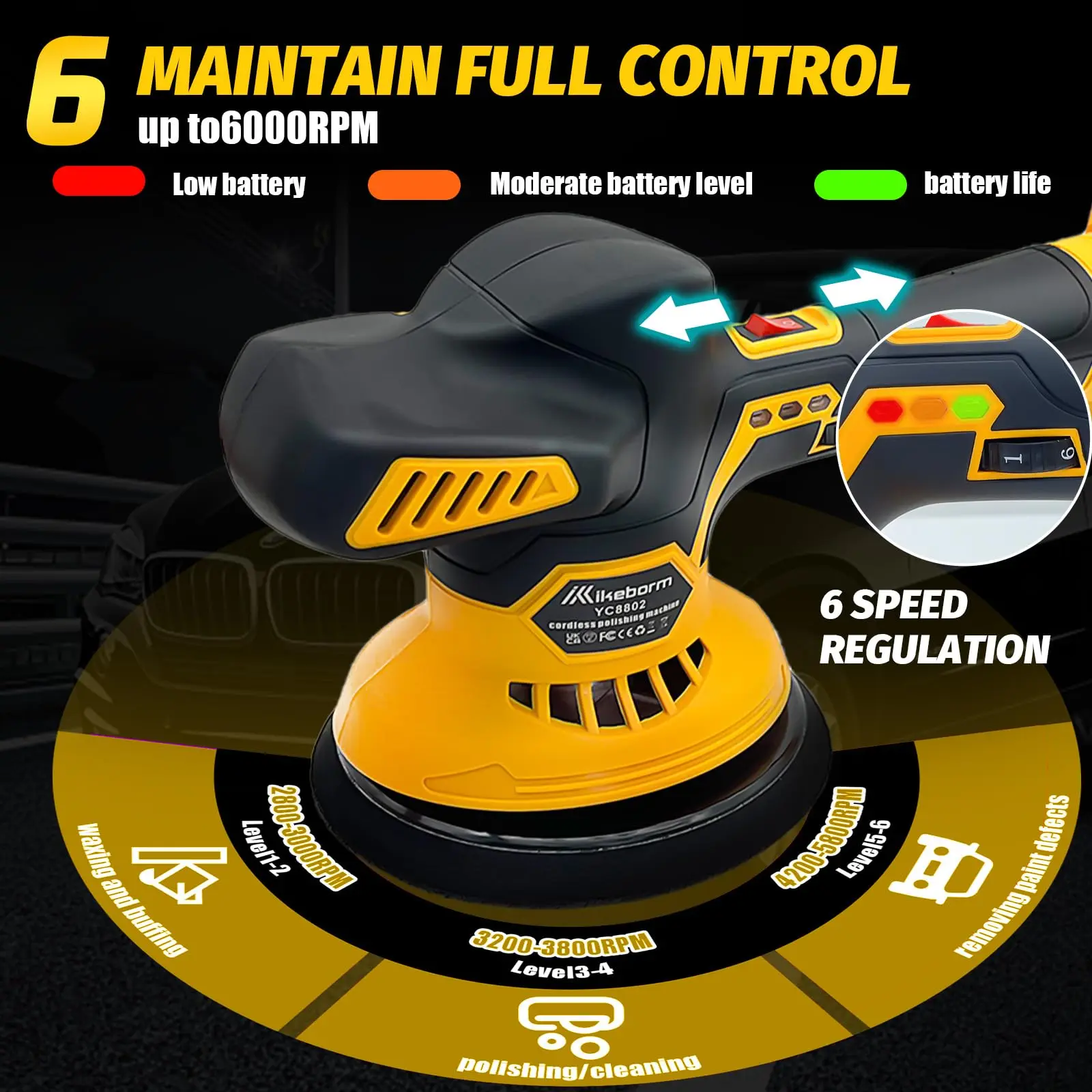 Lucidatrice elettrica per buffer per auto, binario a velocità variabile a 6 velocità, utilizzata per i dettagli/lucidatura/cera dell'auto (batteria esclusa)