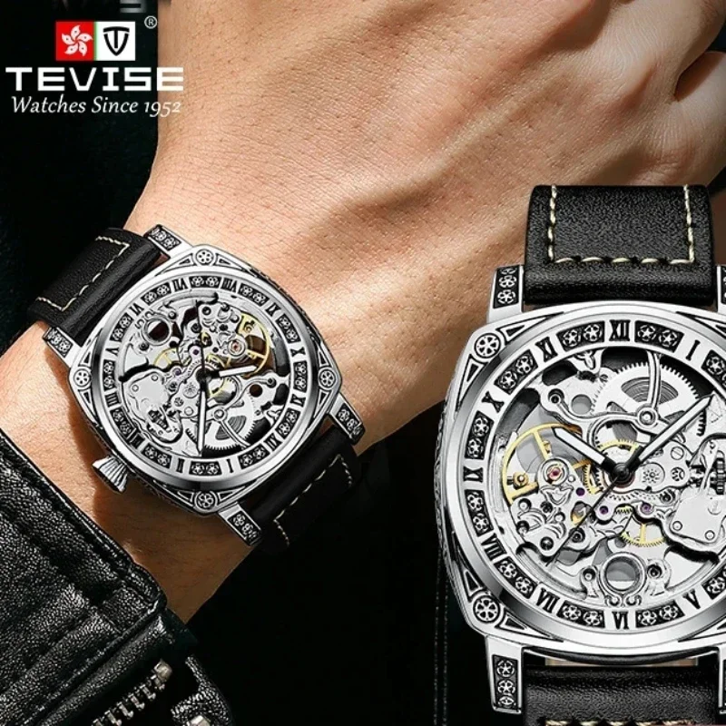 Man Tourbillon Hollow Automatic Mechanical Watch Men's Waterproof Luminous Sports Watch Men's Light Luxury Carved Leather Watch