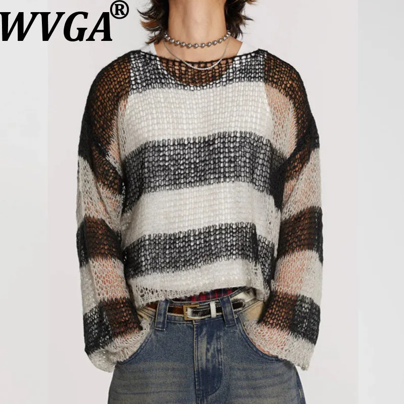 

WVGA Весенне-Осенний новый мужской вязаный свитер с цветными блоками, нишевый шикарный повседневный полосатый топ с круглым вырезом и длинными рукавами Ins W12697