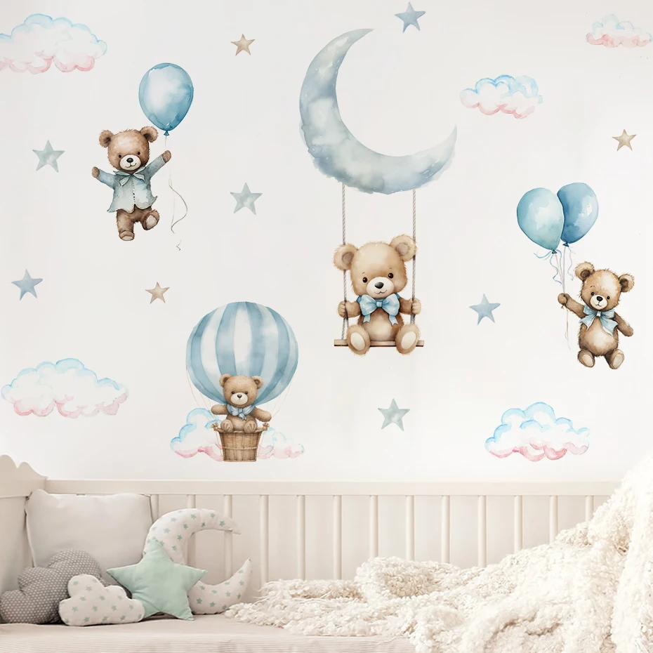 Watercolor Bear Hot Air Balloon Cloud Wall Stickers Blue Color for Kids Room Baby Nursery Room Wall Decals Boy Room Stickers