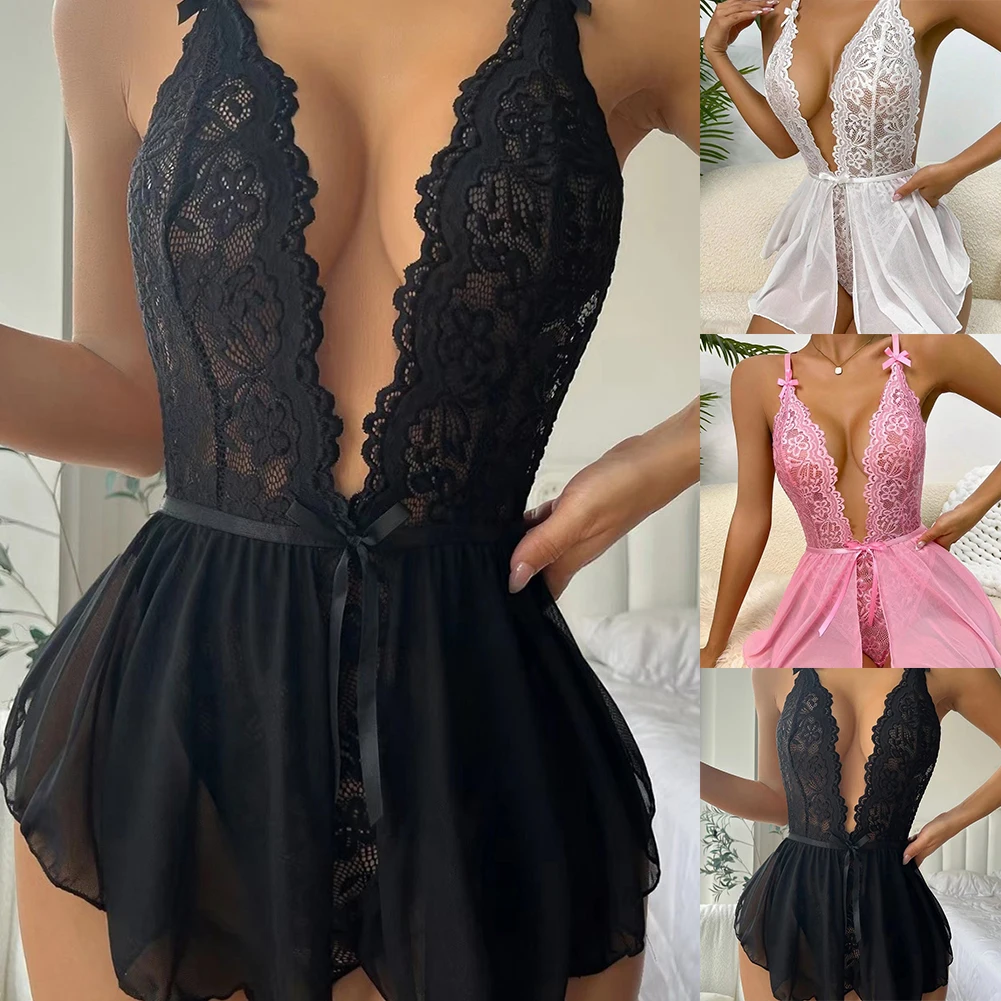 Sexy Womens Lace Nightdress Deep Neck Backless Bodysuit Sleepwear See Through Nightwear Erotic Lingerie Seductive Pajamas