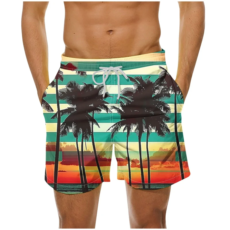 

Retro Palm Tree Pattern Hawaiian Beach Shorts Colorful 3d Printing Swim Trunks Men Summer Casual Holiday Party Swimming Shorts
