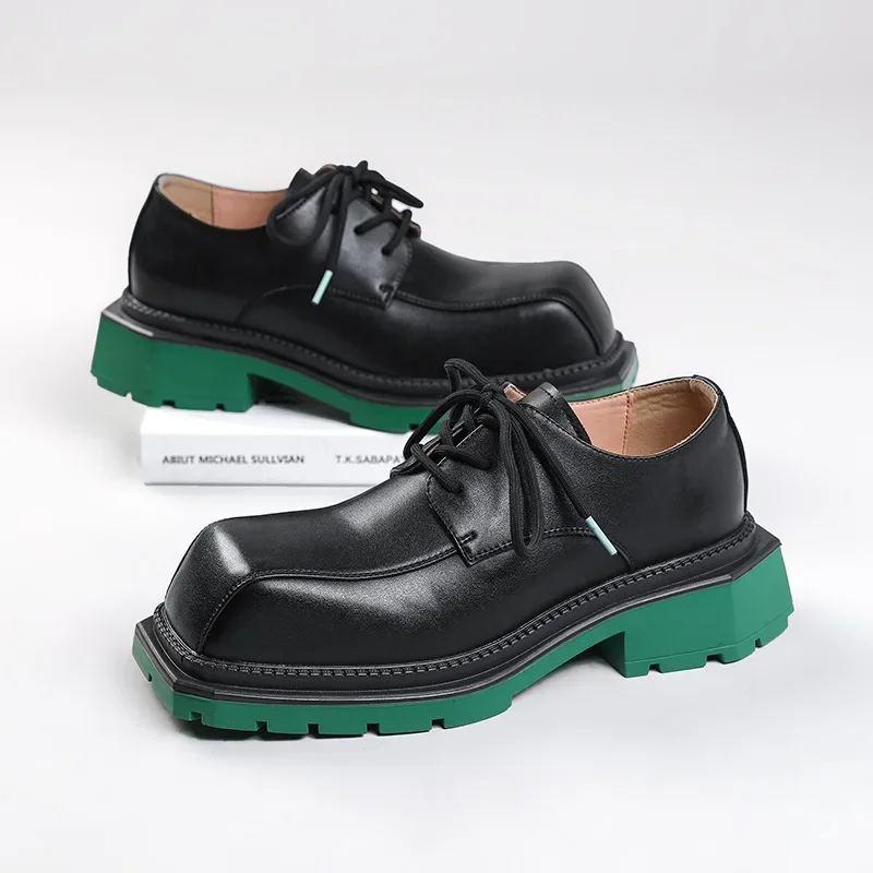 

PopMens Casual Leather Derby Shoes Men's Square Toe Trendy Personalized Designer Shoe Men Lace-up Thick Sole Heightened Shoes