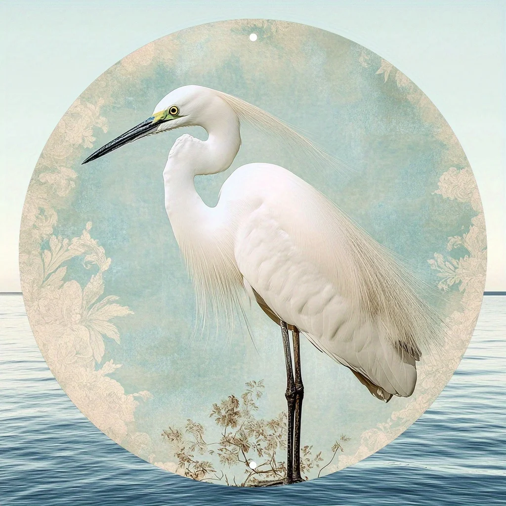 2D Flat, 2D Flat - 1pc of 2D Flat Printed Metal Sign, Featuring a White Heron, Suitable for Thanksgiving, Christmas, Halloween,