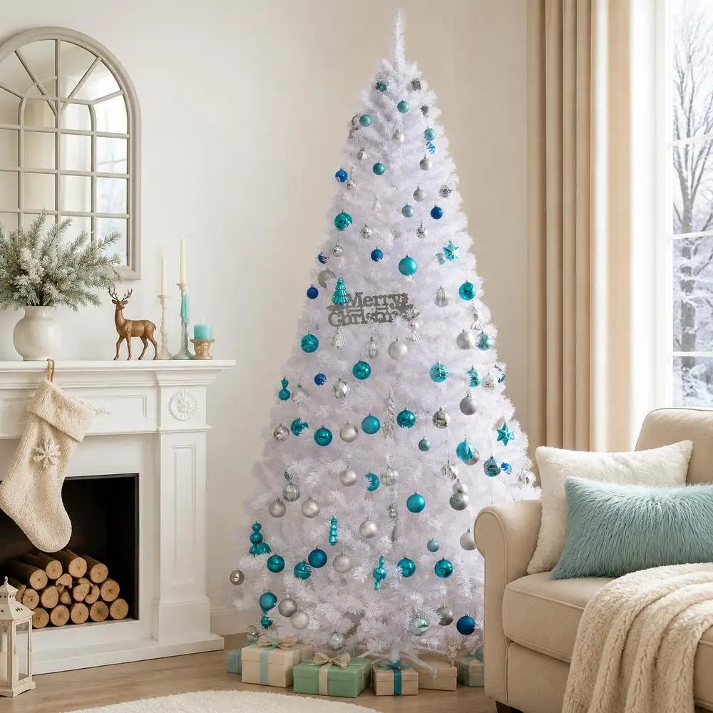 Sapin de Noël artificiel en PVC blanc de 8 pieds avec support : le centre de table idéal pour apporter chaleur, joie et un esprit de Noël classique à votre maison