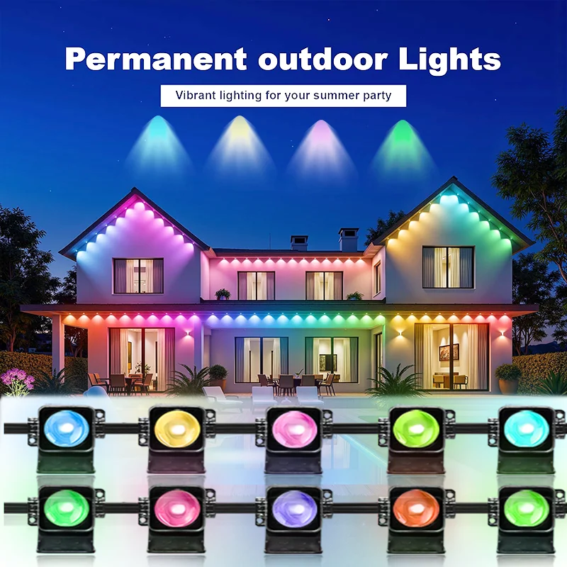 RGB DIY Waterproof Bulbs, 5-Meter Customizable LED String Lights, Colorful Permanent Outdoor Eave Lights for Christmas Displays。