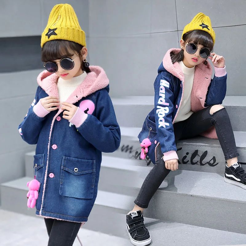 Girls Thick Denim Jacket for Winter New Children Long Clothes Girl Kids Thick Warm Outerwear Coats Denim Cotton Hooded Jacket