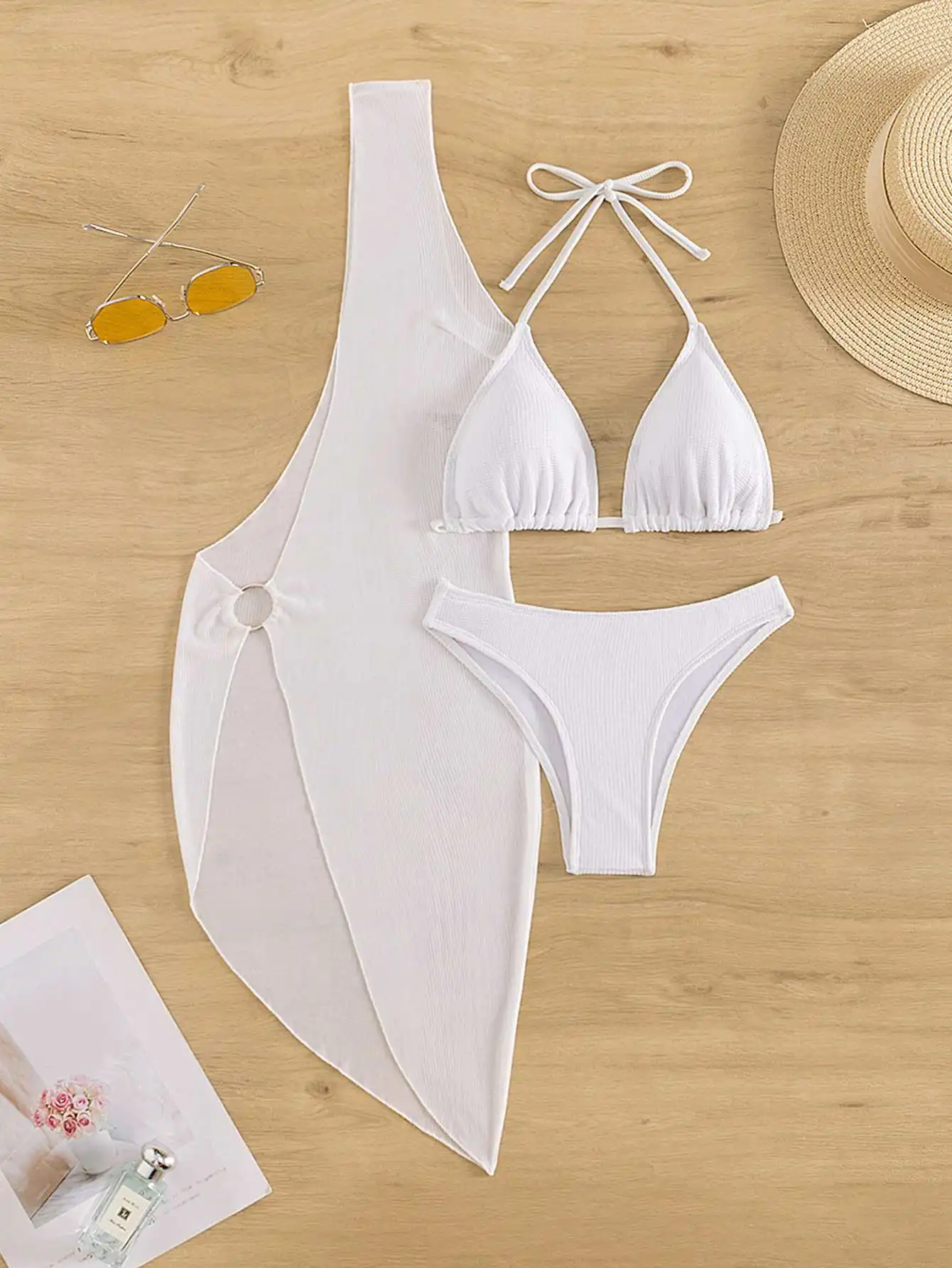 Conjunto de Bikini de tres piezas para mujer, ropa de playa Sexy con cubierta, elegante, sólida, acolchada, llamativa, para verano