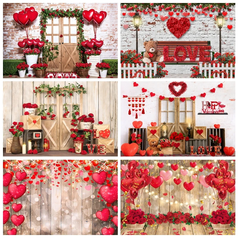 

Valentine's Day Photography Backdrop Rustic Wood Wall Flower Store Red Love Heart Wedding Bridal Shower Party Photo Background