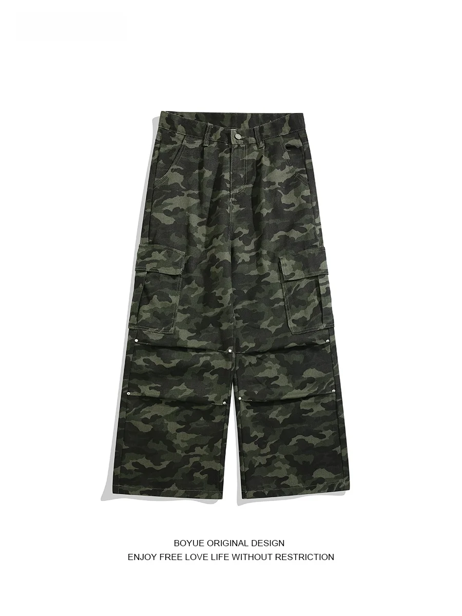 

BOYUE Camouflage Workwear Jeans Men's Outdoor Loose Fit Long Trousers with Multiple kets Floor-Length Casual Cotton Denim