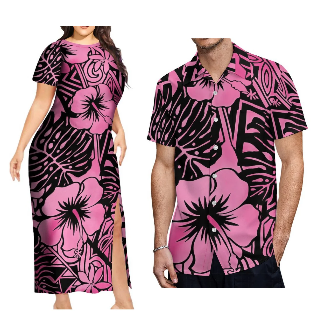 

New Couple Suit Samoan Crew-Neck Dress Elegant Slit Long Skirt Matching Men'S Pocket Shirt Polynesian Custom