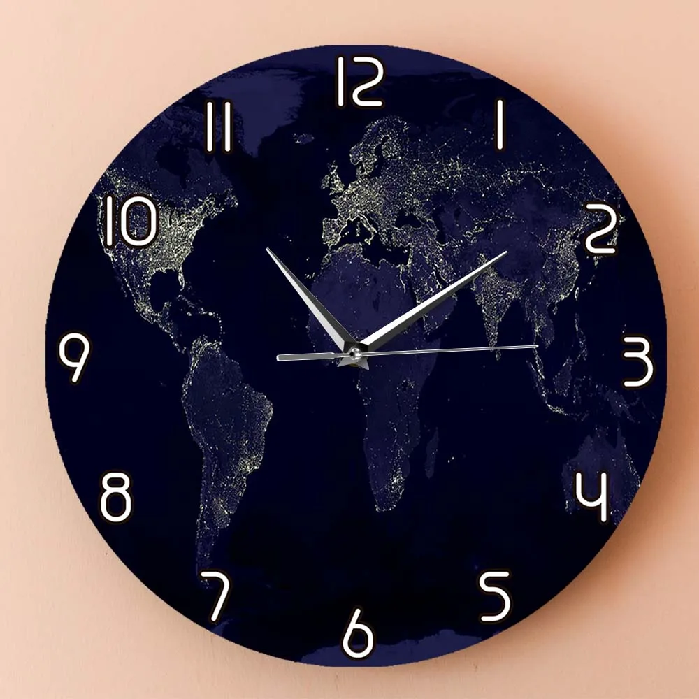 Night View World Map Wall Clock For Home Office Decor Abstract Travel Map Globe Earth Art Modern Design Timepieces Wall Watch