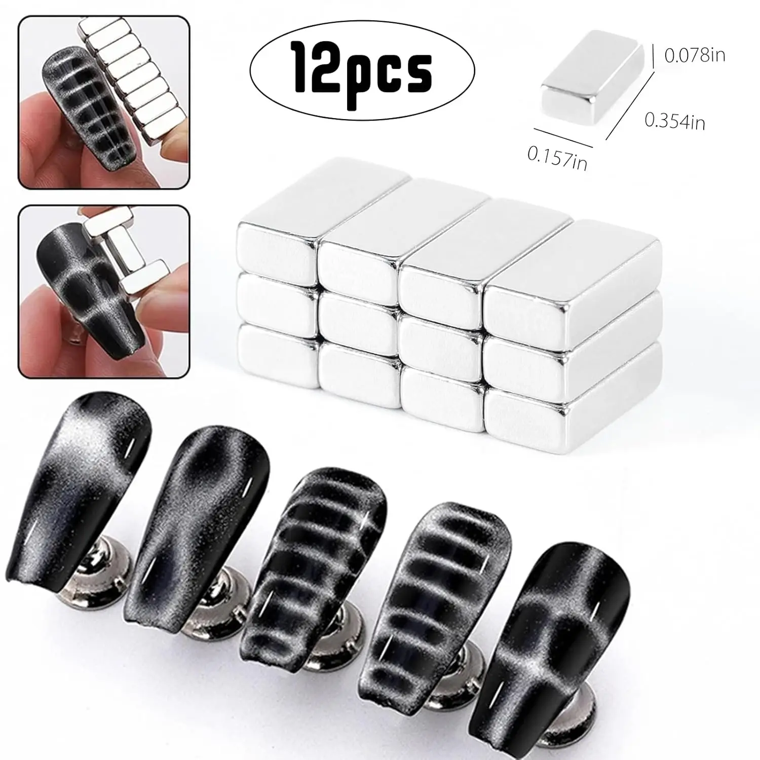 12 stuks Cat-Eye nagelmagneet Rechthoekige nagelmagneet Gel nagellakmagneet Krokodileffect Geschikt voor thuis doe-het-zelf en nagelsalons