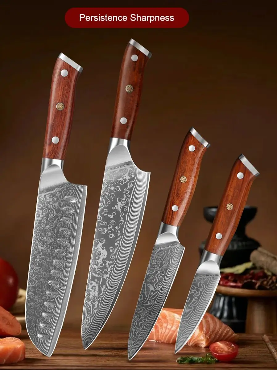 1/2/4-teilige Messersets mit Rosenholzgriff, 67-lagiger Damaststahl, superscharfe Fleisch- und Gemüsemesser, Kochwerkzeuge
