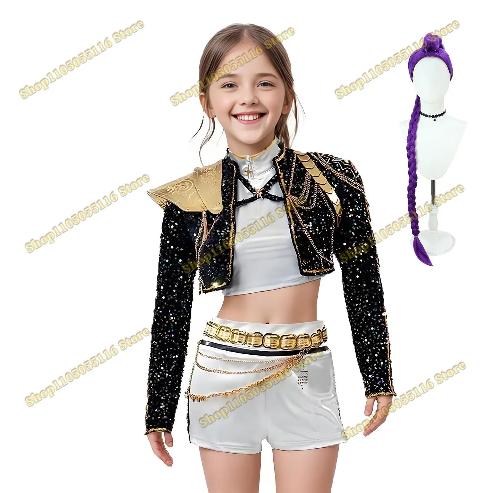 زي شيطان الصيادين التأثيري رومي/زوي/ميرا زي الهالوين الأسود أداء موحد شيطان الصيادين الذهبي