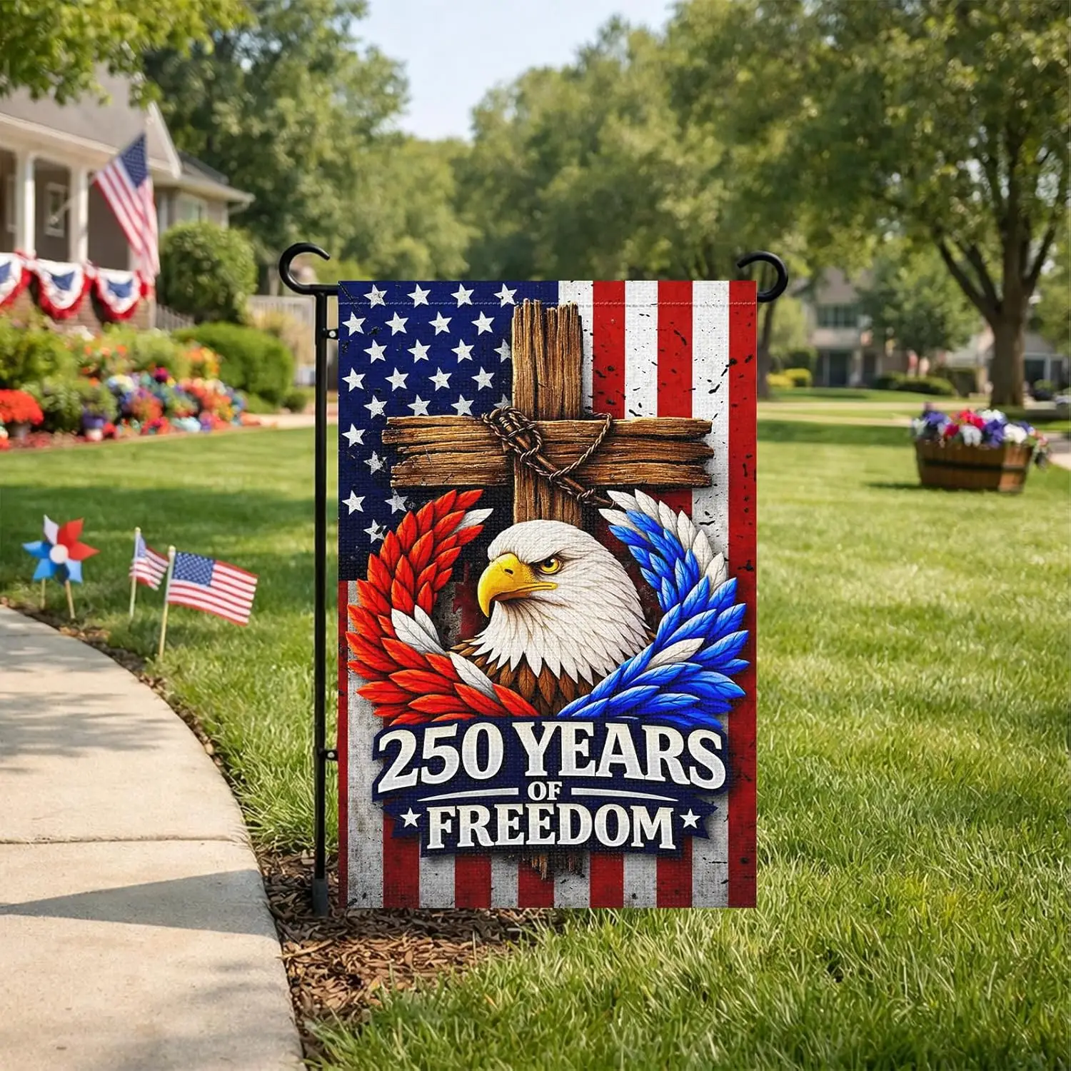 Heyfibro 250 Years of Freedom Anniversary Garden Flag 12x18 Inch Double Sided Christian Cross Bald Eagle House Flag 250th An AAS