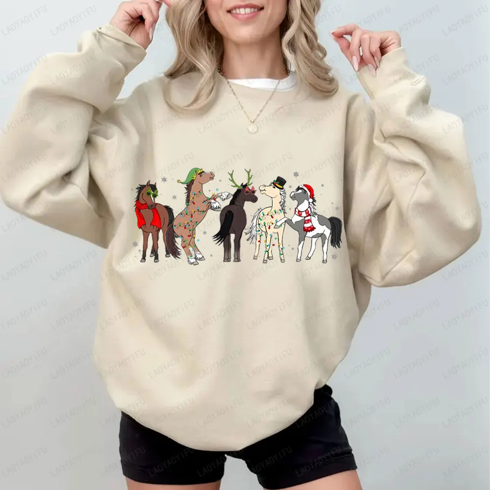 Hoppy Christmas Horse Lights Sweatshirt  Horse Party Printed Hoodies Hoodies Christmas Hat Woman Men Long Sleeve Sweater Tops
