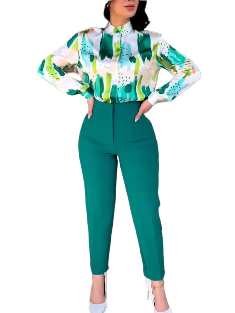 

Casual Long Sleeve Shirt Pants Set Office Lady Spring Autumn Elegant Print Tops Solid Trousers Two Piece Set Women Outfit 2025