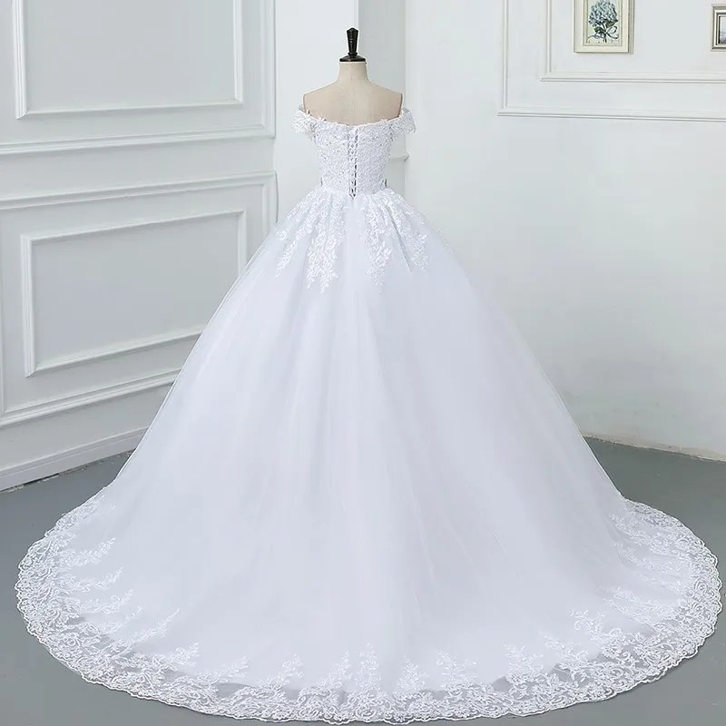 Maria Novia-vestido de novia modesto con hombros descubiertos, escote en forma de corazón blanco con cinturón de diamantes, vestido de baile de encaje, vestidos de novia de talla grande personalizados