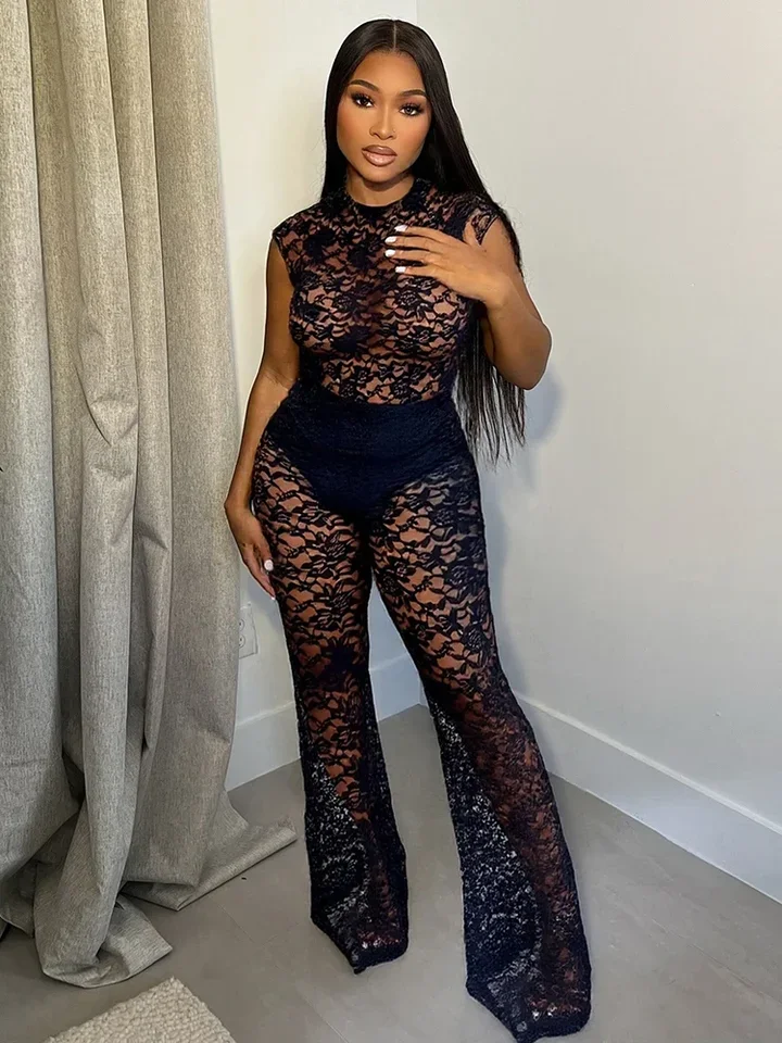

Sexy Mesh See Through 2 Piece Set Women Skinny Sleeveless Bodysuits+Flared Pants Midnight Club Party Coquett Outfits