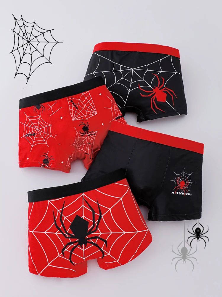 4/5pcs Kids Knitted Fun Spider Print Boxer Shorts Comfortable Skin-Friendly Fabric Suitable for All Seasons Boys Underwear