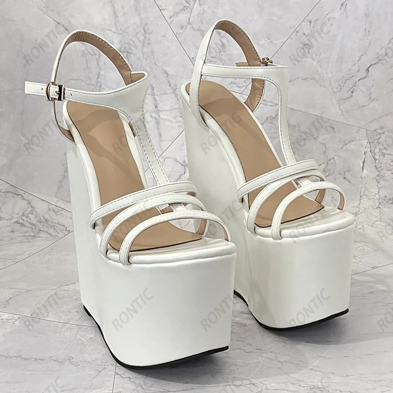 Rontic Women Summer Platform Sandals Wedges High Heels Round Toe Elegant Black White Casual Shoes Ladies US Plus Size 4-15