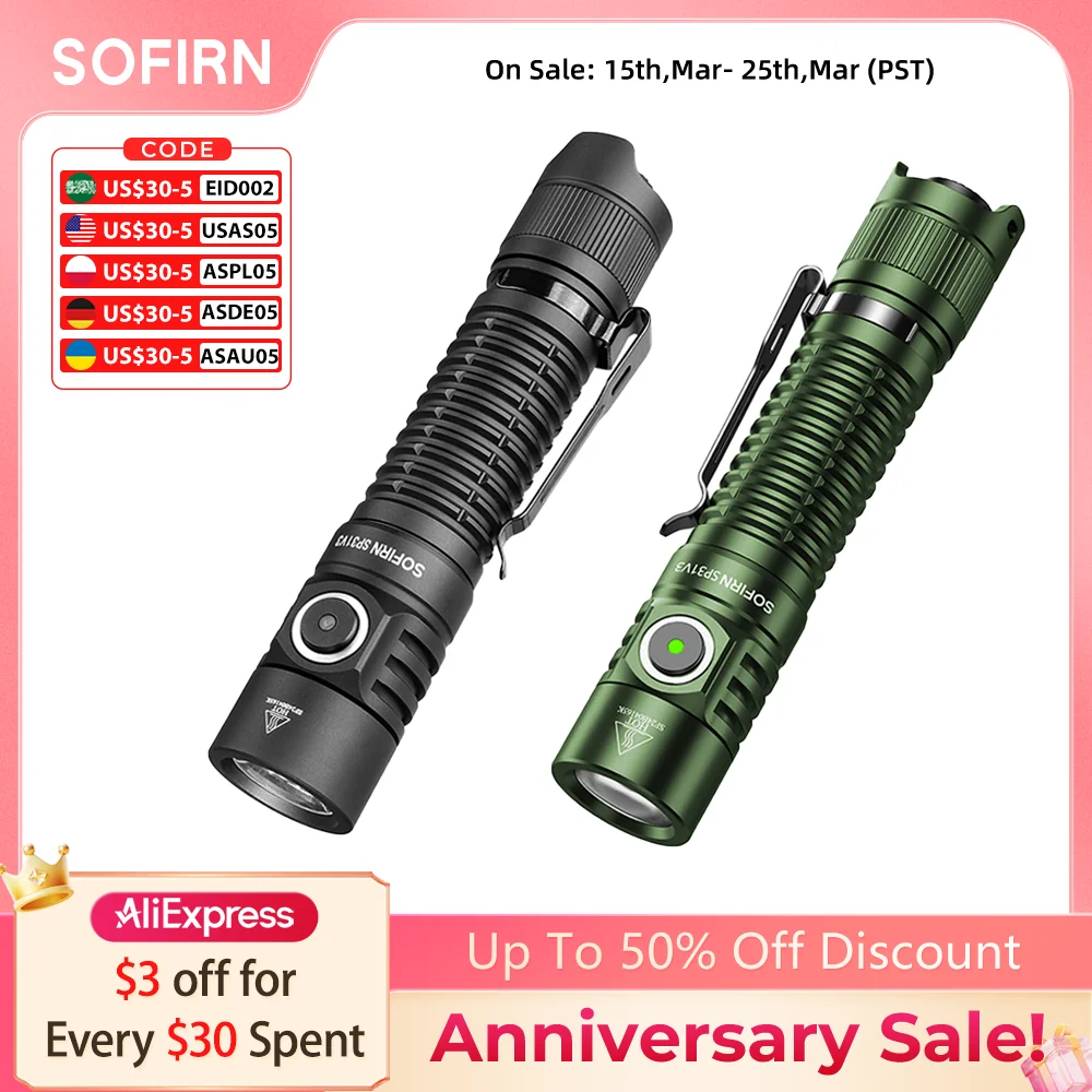 Sofirn SP31 V3 18650 Tactical Flashlight 2000lm SST40/519A Rechargeable Torch Throw 269M USB C IP68 EDC Tail Switch